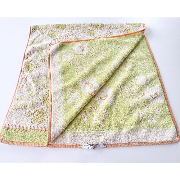 Vintage 80s small bath towel, mint green and  peach floral towel, reversible - Picture 1 of 10
